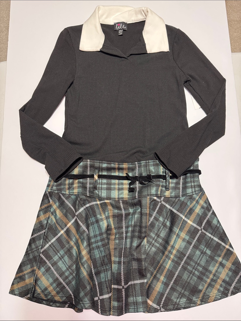 lilt Black Ribbed Top with Cream Collar & Green Plaid Skirt
